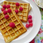 twee wafels op een bord met slagroom en frambozen