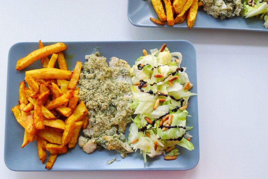 knolselderij friet met kabeljauw uit de oven en sla