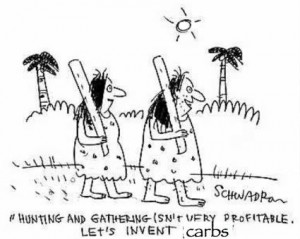 Paleo humor - caveman and cavewoman inventing carbs