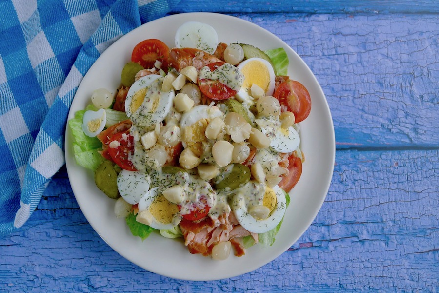 Salade met zalm en macadamia noten recept, koolhydraatarm ~ minder koolhydraten, maximale smaak ~ www.con-serveert.nl