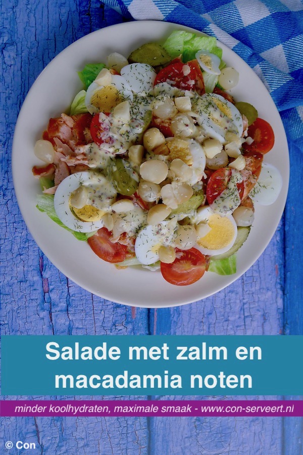 Salade met warm gerookte zalm en macadamia noten recept, koolhydraatarm ~ minder koolhydraten, maximale smaak ~ www.con-serveert.nl
