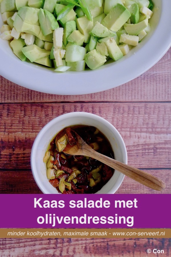 Kaas salade met olijvendressing recept ~ minder koolhydraten, maximale smaak ~ www.con-serveert.nl