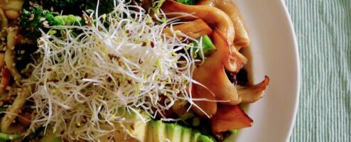 Aziatische groene salade met oesterzwam en avocado