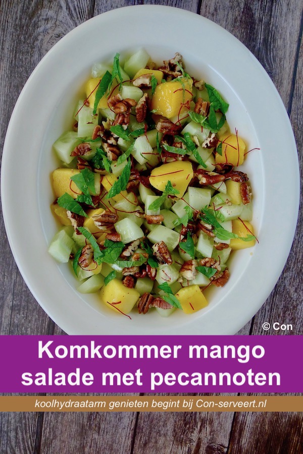 Komkommer mango salade met pecannoten recept - koolhydraatarm genieten begint bij con-serveert.nl