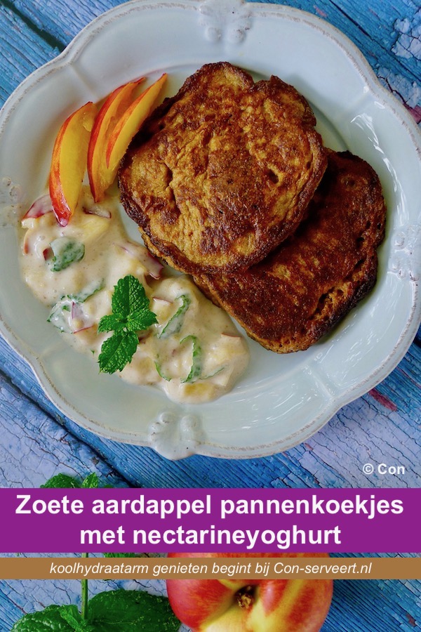 Zoete aardappel pannenkoekjes met nectarine munt yoghurt recept - koolhydraatarm genieten begint bij Con-serveert.nl