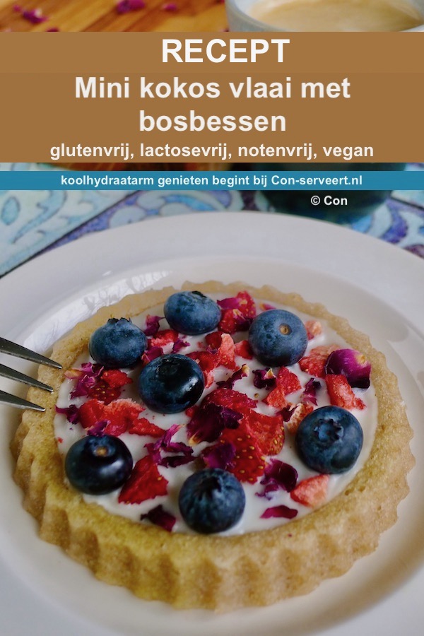 Mini kokosvlaai met bosbessen, vegan en notenvrij recept - koolhydraatarm genieten begint bij www.con-serveert.nl